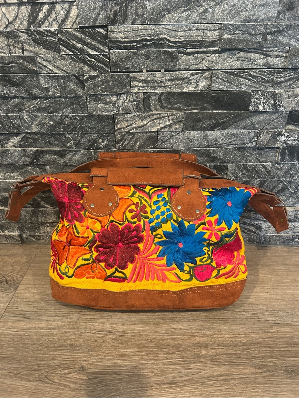 Handcrafted Embroidered Floral Suede Tote‎ Yellow Multicolor